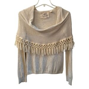 Angel of the North Anthropologie Cream Fringe Crochet Cowl Neck Sweater XS